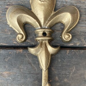 May include: Gold-colored metal fleur-de-lis hook. The hook is shaped like a stylized lily flower with a single hook at the bottom.