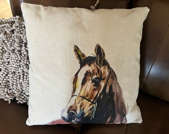 Watercolor Horse Pillow: Cotton Chambray Beige Cushion