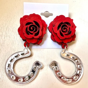Rose Horseshoe Earrings: Handpainted Acrylic, Stainless Steel Post