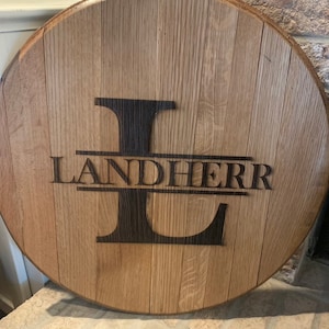 May include: A round wooden sign with a dark brown letter "L" and the name "LANDHERR" engraved in the wood.