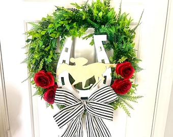 Derby Wreath  Fern, Boxwood, Horseshoe, Horse & Jockey, Roses