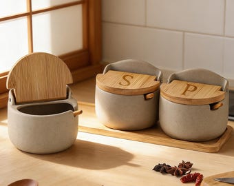 Japanese Ceramic Spice Jar with Bamboo Lid and Spoon, Modern Minimalist Salt Sugar Seasoning Container, Kitchen Storage Canister, Mom Gift