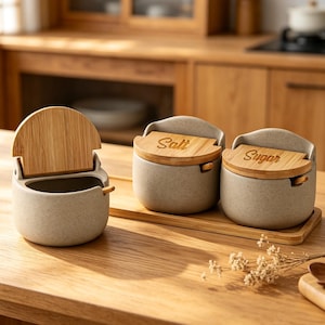 May include: Three round, speckled light gray ceramic containers with bamboo lids and small wooden spoons. Two lids are engraved with the words Salt and Sugar, while the third lid is open. The containers sit on a rectangular bamboo tray.