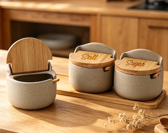 Japanese Style Ceramic Spice Jar with Bamboo Lid and Spoon,Minimalist Salt Sugar Container,Kitchen Seasoning Storage,Modern Home Decor Gift