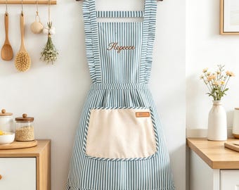 Personalized Striped Apron with Pockets, Embroidered Baking Kitchenwear, Quality Fabric, Adult Apron with Adjustable Strap, Mother Day Gift