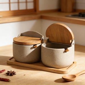 Puede incluir: Dos botes de cerámica para especias con tapas de madera y una bandeja de madera. Una tapa está abierta, revelando el interior. Los botes son de color gris claro con una textura moteada. Las tapas y la bandeja de madera son de color marrón claro. Una cuchara de madera descansa sobre la mesa.