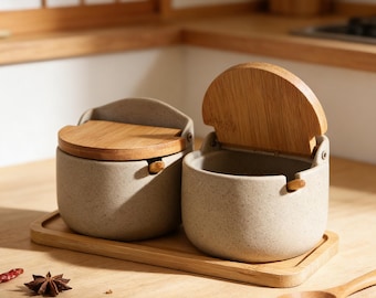 Japanese Ceramic Spice Jar with Bamboo Lid and Spoon, Modern Minimalist Salt Sugar Seasoning Container, Kitchen Storage Canister, Mom Gift