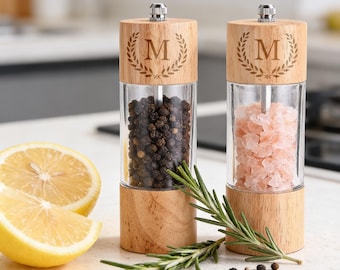 Personalized Wooden Salt & Pepper Grinder Set, Adjustable Ceramic Core, Custom Engraved Glass Spice Mills, Modern Kitchen Gift, Grinders