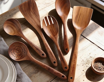 Personalized Wooden Spoon Set, Custom Engraved Kitchen Utensils, Monogram Wooden Spoon Gift, Mother Father Day Gift for Her Him