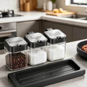 May include: Three glass spice jars with black lids labelled "Peppercorns", "Sugar", and "Salt". The jars sit on a black tray. The jars are filled with peppercorns, sugar, and salt. The background is a kitchen.