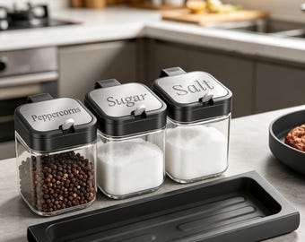 Glass Spice Jar Set with 304 Stainless Steel Lid, Seasoning Containers with Spoon and Tray, Airtight Salt Sugar Storage, Kitchen Organizer