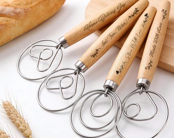 Custom Danish Dough Whisk with Wooden Handle, Personalized Sourdough Dough Whisk for Bread Making, Engraved Baking Tool Gift for Bakers