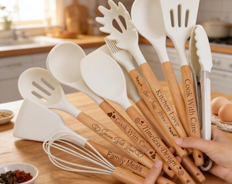 Personalized Kitchen Utensil Set, Custom Engraved Silicone & Wooden Tools, Baking cookware gift Set, Housewarming Gift, Baker Gift, Cookware