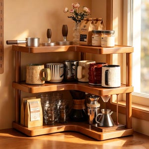 Wooden Corner Shelf, Countertop Organizer, Kitchen Bathroom Stand, Cosy Natural Decor, Modern Home Decor, Corner Shelves,small space storage