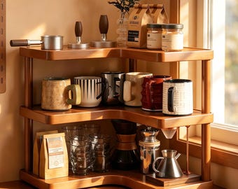 May include: A three-tiered wooden corner shelf displaying coffee-making accessories and mugs. The top shelf holds a portafilter, tampers, and jars. The middle shelf has various mugs. The bottom shelf has coffee beans, glasses, and a pour-over setup.