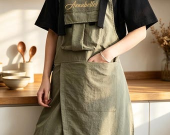 Japanese Waterproof Apron with Pockets, Custom Embroidered Work Apron, Chef Bartender Barista Apron, Hair Salon Pet Grooming Cafe Uniform