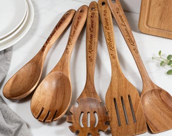 Personalized Acacia Wood Utensil Set, Custom Engraved Wooden Spoons & Spatula, Kitchen Cooking Tools, Housewarming, Wedding Gift for Her