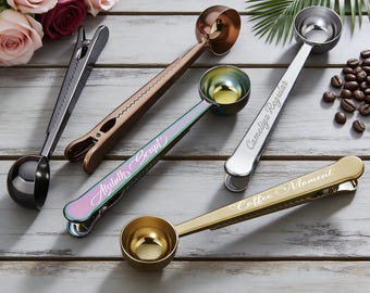 Personalized Coffee Scoop Bag Clip, Custom Engraved Coffee Spoon, 2 in 1 Stainless Steel Measuring Scoop, Coffee Lover Gift, New Home Gift