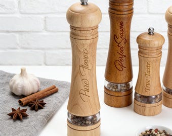 Custom Engraved Wooden Pepper Grinder Set, Personalized Salt and Pepper Mill, Sea Salt and Black Pepper Grinder, Perfect Gift Chefs