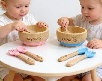 Personalized Bamboo Baby Bowl Set, Engraved Name Toddler Feeding Set with Suction Base, BPA-Free Silicone Utensils, Baby Shower Gift