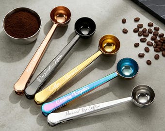 Personalised Coffee Scoop and Clip, Engraved Coffee Measuring Spoon, Coffee Lover's Gift, Bag Clip Reusable Coffee Bag Clip Anniversary Gift