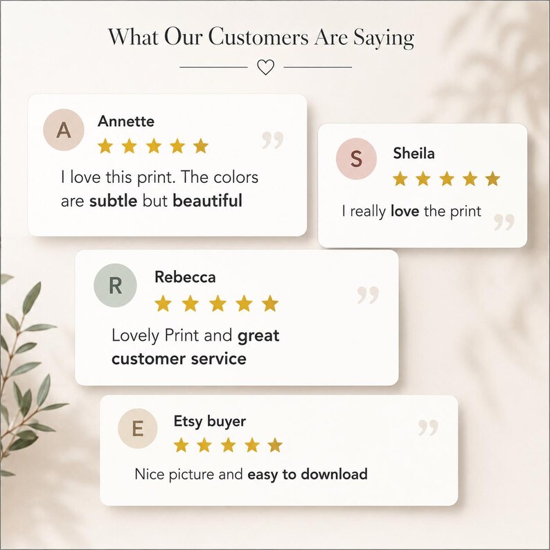 May include: A graphic display titled What Our Customers Are Saying featuring four white rectangular review boxes with five-star ratings. Each box includes a circular initial icon, a customer name, and text reviews from Annette, Sheila, Rebecca, and Etsy buyer.