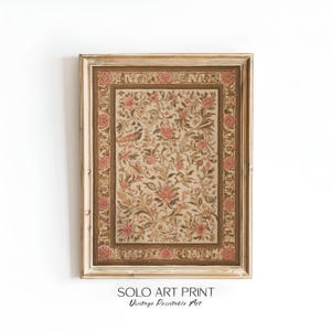 May include: Framed vintage art print featuring a floral and bird design in shades of pink, beige, and brown. The artwork is enclosed in a distressed gold frame. The text "SOLO ART PRINT Vintage Printable Art" is at the bottom.