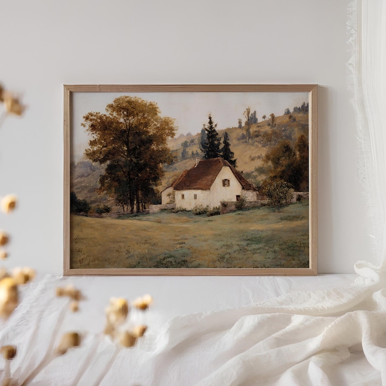 Vintage Autumn Cottage Printable | Fall Landscape Wall Art | Autumn Art Print (Digital Download) image 5