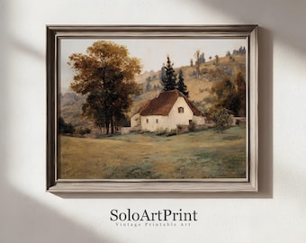 May include: A framed landscape painting featuring a white cottage with a brown roof nestled in a grassy field, surrounded by large trees and rolling hills under a soft sky. The text SoloArtPrint Vintage Printable Art is printed below.