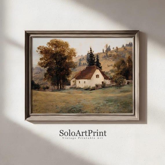 Vintage Autumn Cottage Printable | Fall Landscape Wall Art | Autumn Art Print (Digital Download)