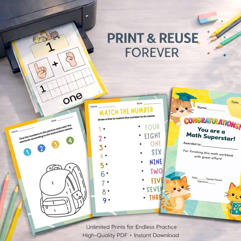 Kindergarten Math Workbook Printable | Number Tracing Worksheet | Preschool Math Activities | Counting Practice for Kids | Homeschool PDF image 7