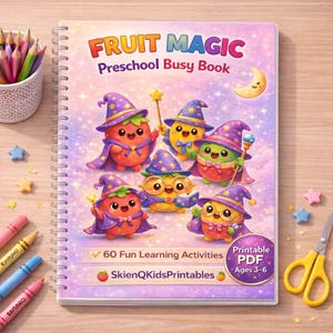 May include: A spiral-bound activity book titled Fruit Magic Preschool Busy Book with a pastel purple and pink background. The cover features five cartoon fruits wearing wizard hats and capes, with text stating 60 Fun Learning Activities.