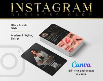 PMU Visitenkartenvorlage, Schwarz & Gold Instagram Design (Canva bearbeitbar, digitaler Download)