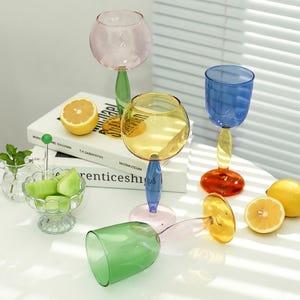Colorful Glass Goblet, Three-Tone Aesthetic Wine Glass, Unique Mid-Century Modern Stemware, Housewarming Gift