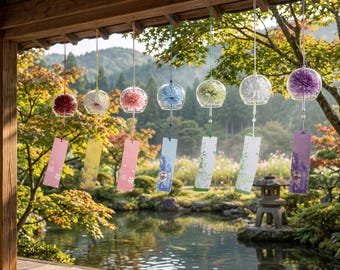 Campana de viento de cristal hecha a mano con forma de flor, campana japonesa Furin con etiqueta impermeable, decoración floral para jardín, adorno zen colgante.