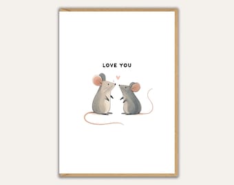Carte d'amour avec souris, jolie carte d'amour illustrée pour partenaire ou Saint-Valentin