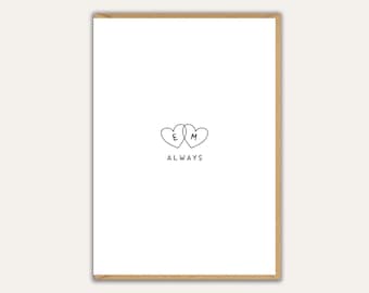 Personalised Initials Love Card - Minimal Always Card with Custom Letters - Valentines, Anniversary, Birthday