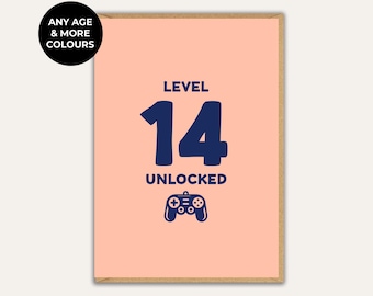 Level 'Custom Age' Unlocked Birthday Card, Gamer Birthday Card, Fun Personalised Age Birthday Card