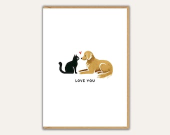 Love You Card – Cute Dog and Cat Illustrated Love Card, Black Cat Golden Retriever-kaart