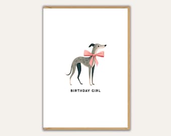 Birthday Girl Card – Cute Bow Dog Birthday Card for Her, Greyhound Card, Whippet Card