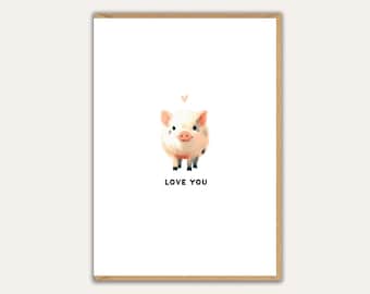 Love You Card – Cute Pig Love Card, Valentines Card, Anniversary Card