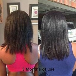 以下が含まれることがあります： ヘア製品を使用した結果を示す、ビフォーアフターの写真。アフターの写真では、人の髪が長く、まっすぐになっています。写真の下に「3 Months of use」というテキストが表示されています。