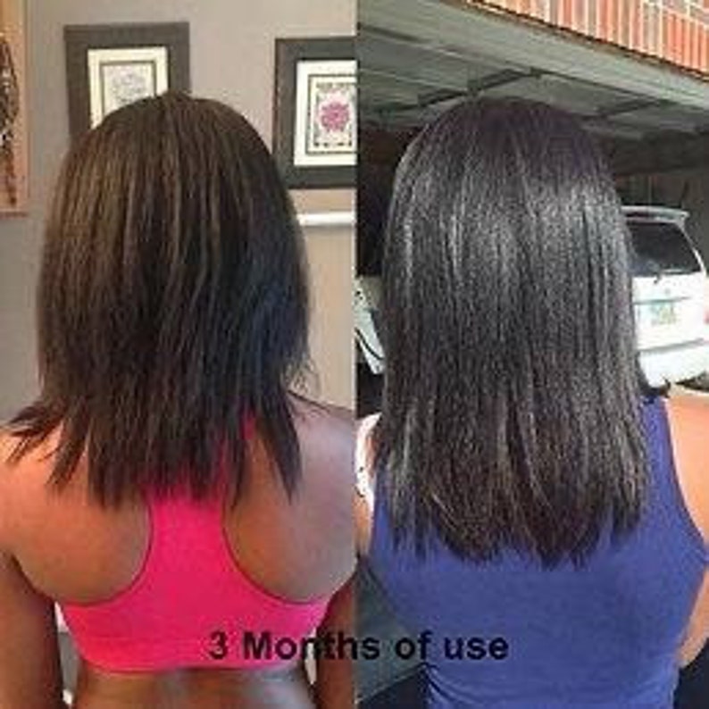 以下が含まれることがあります： ヘア製品を使用した結果を示す、ビフォーアフターの写真。アフターの写真では、人の髪が長く、まっすぐになっています。写真の下に「3 Months of use」というテキストが表示されています。