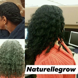 Op de afbeelding: Voor- en nafoto's die de resultaten van een haargroeitreatment laten zien. De afbeelding toont een persoon met kort, grijs haar aan de linkerkant en lang, zwart, krullend haar aan de rechterkant. De tekst "Naturellegrow" is zichtbaar in de rechterbenedenhoek van de afbeelding.