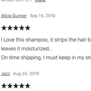 Puede incluir: Dos rese&ntilde;as de clientes para un producto de champ&uacute;. La primera rese&ntilde;a es de cinco estrellas y dice "Me encanta este champ&uacute;, limpia el cabello pero lo deja hidratado.. Env&iacute;o a tiempo, debo tenerlo en stock..". La segunda rese&ntilde;a tambi&eacute;n es de cinco estrellas.