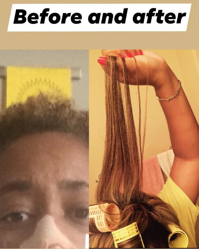 以下が含まれることがあります： ヘアローラーを使用する前と後の画像。髪は茶色で、ローラーを使用するとまっすぐになったように見える。