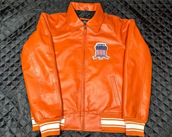 Herren Orange Leder Varsity Jacke, Vintage Biker Streetwear Mantel