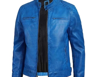 Herren Blau Echtleder Bikerjacke - Slim Fit Motorrad Streetwear Mantel