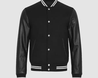 Schwarze Wollvarsity-Jacke für Herren mit Lederärmeln | Bomberjacke im College-Stil