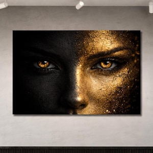 Half Gold Face Wall Art – Black and Gold Woman Portrait Print – Luxury Modern Statement Decor – Dramatic Close Up Feminine Art